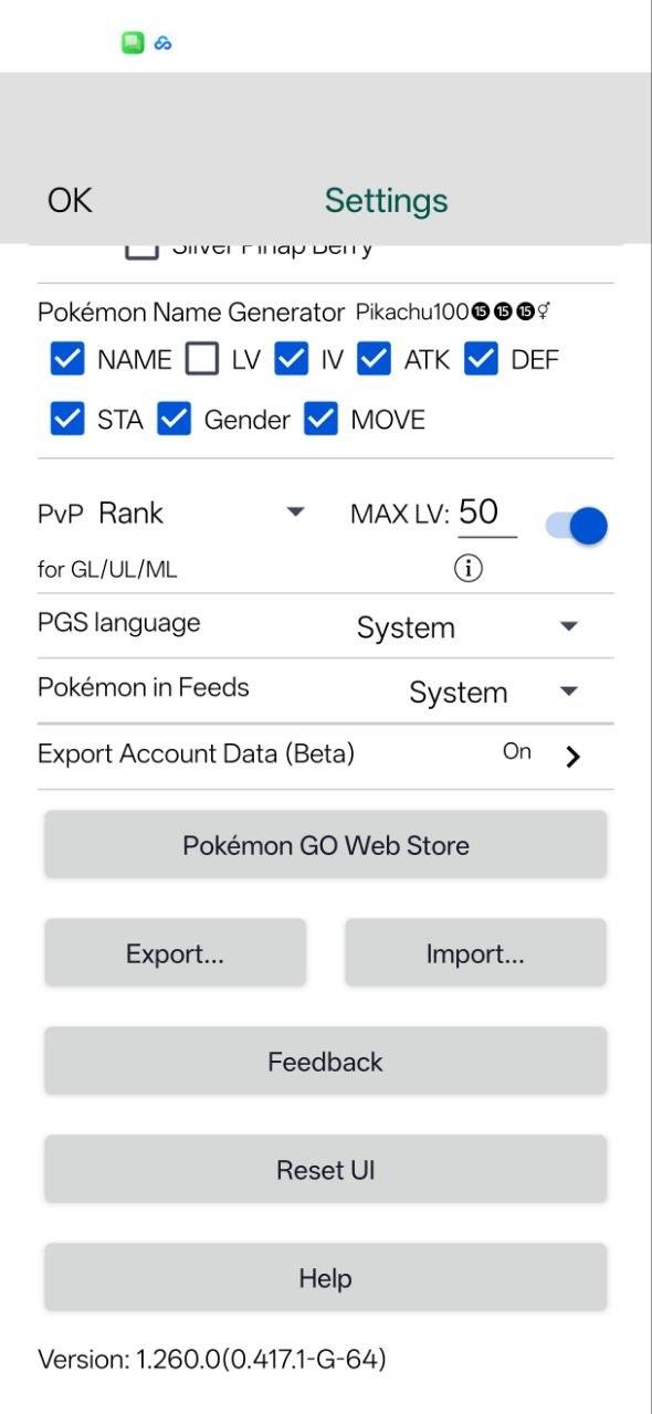 PGSharp settings screen near the account export option