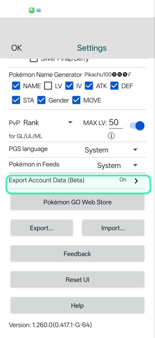 Export Account Data option highlighted in PGSharp settings