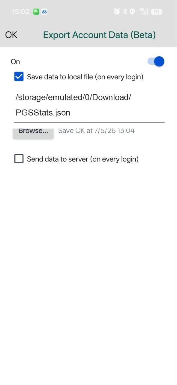 PGSharp Export Account Data screen with local saving enabled